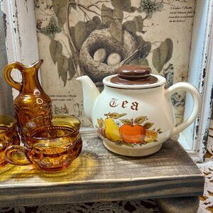 Vintage Retro TEApot with Fruit design - Beautifully Crazed Vintage Teapot